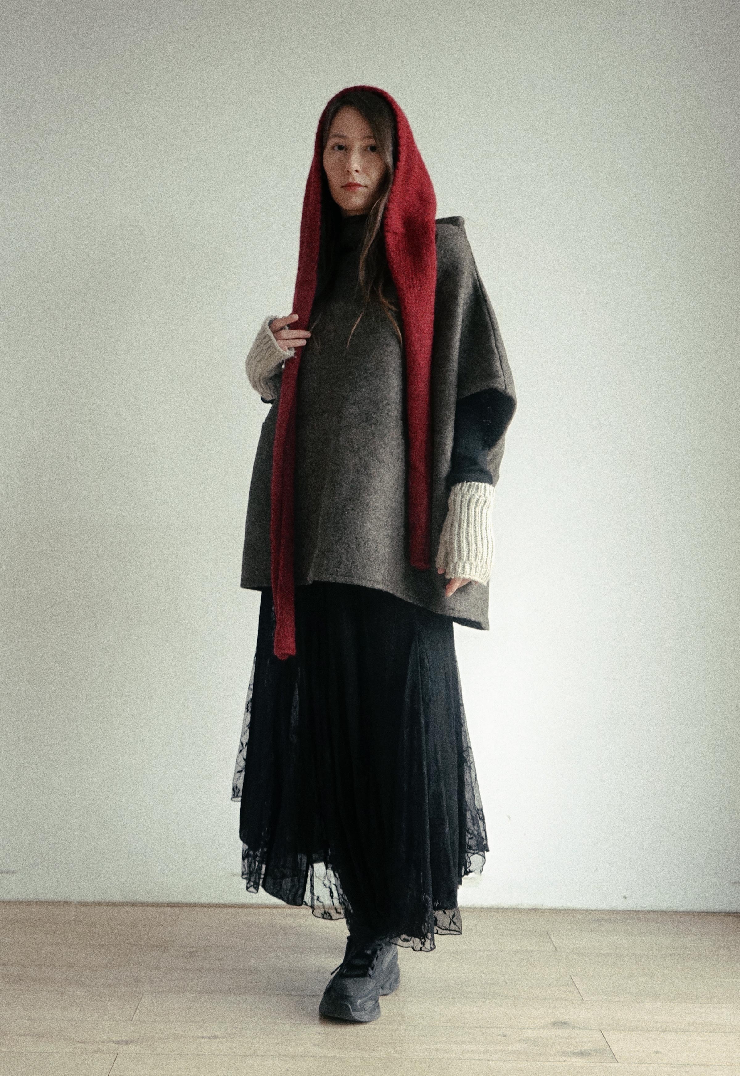 Red Hood Alpaca wool scarf bonnet