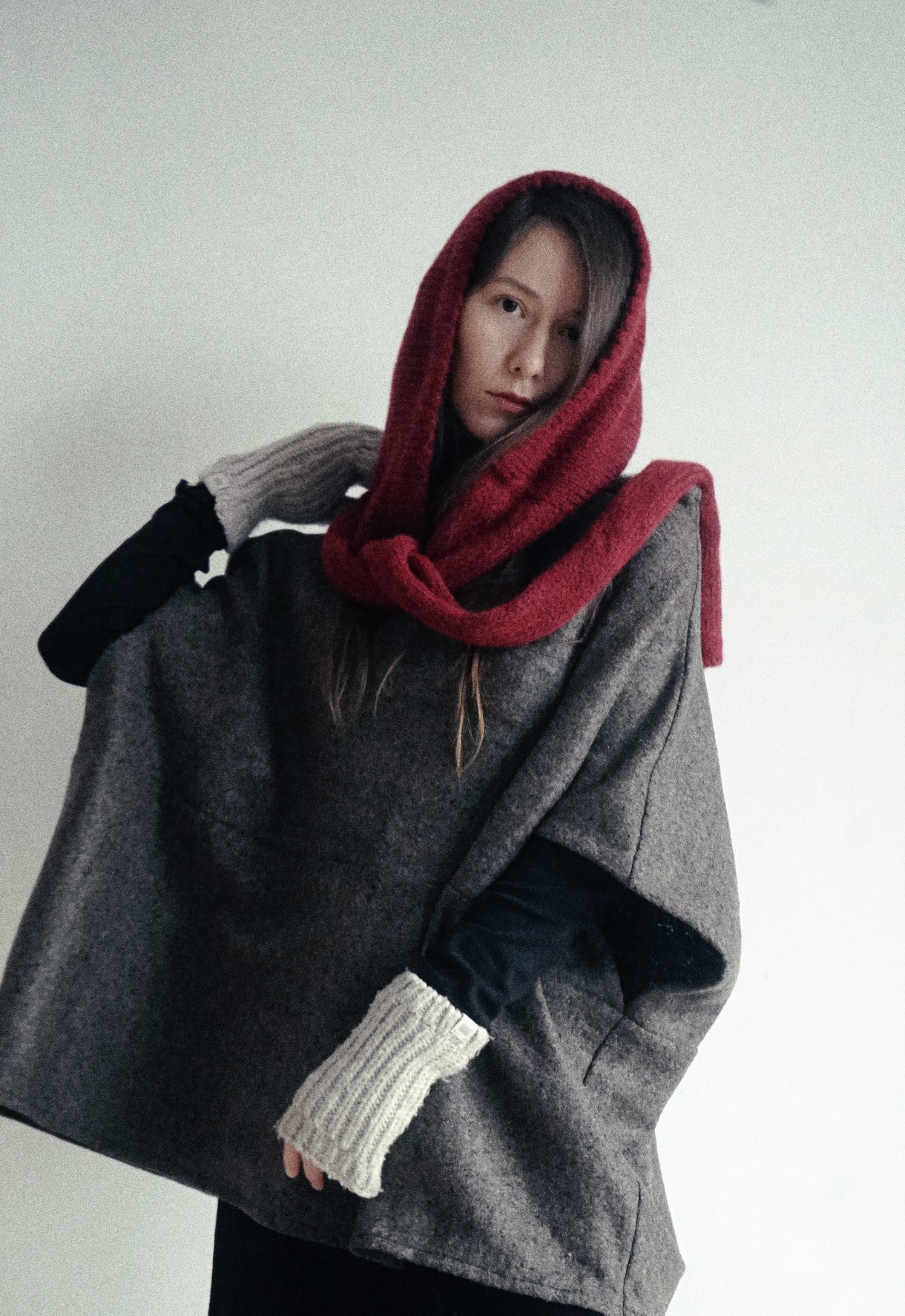 Red Hood Alpaca wool scarf bonnet