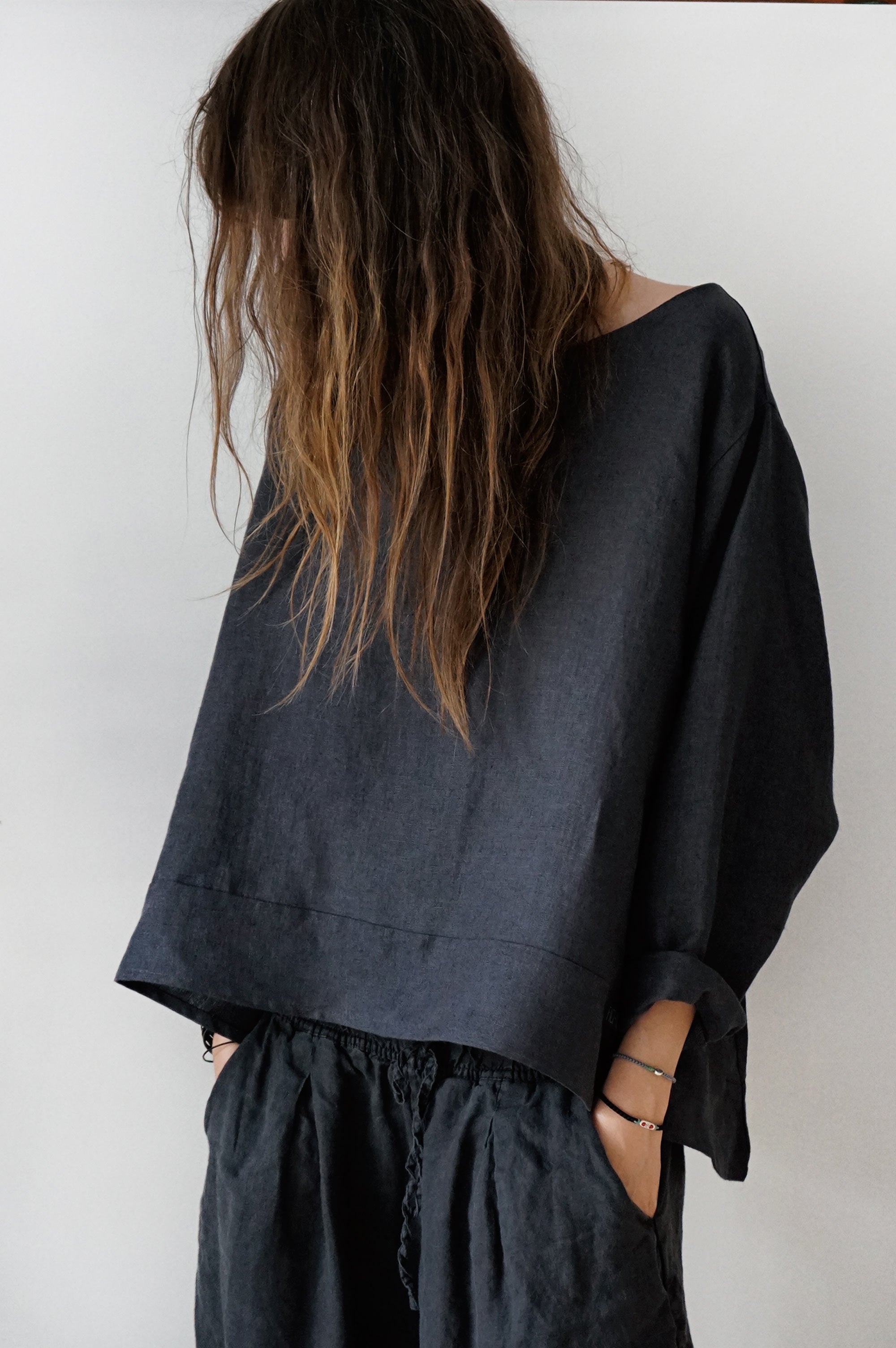 Dark Blue Sea Linen Top