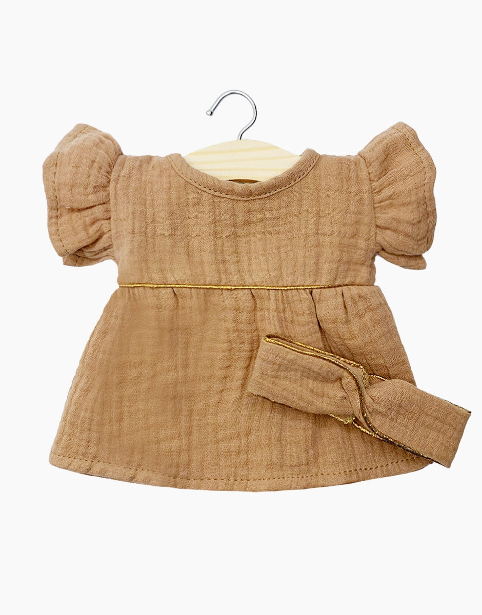 Daisy dress in brown sugar double gauze & its crossed headband