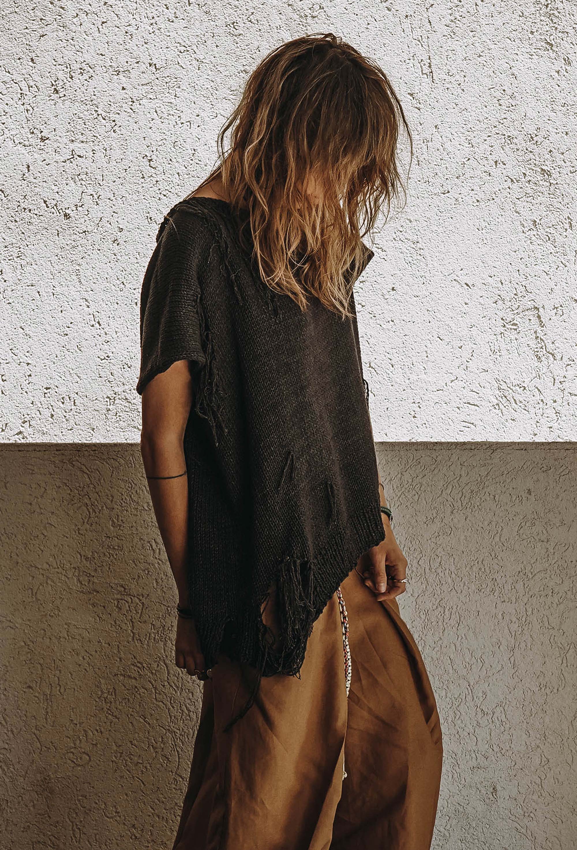 Distressed cotton sweater