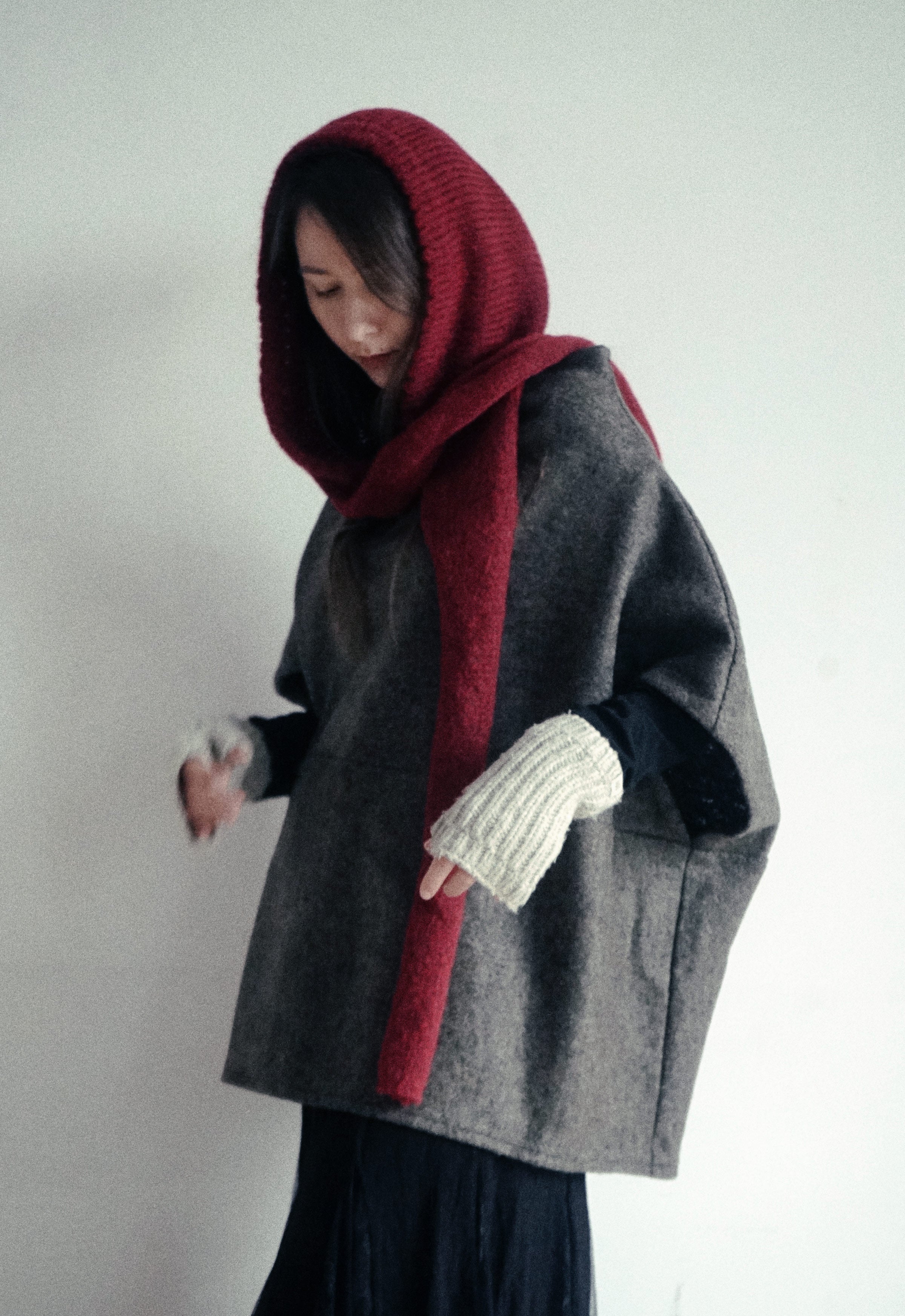 Red Hood Alpaca wool scarf bonnet