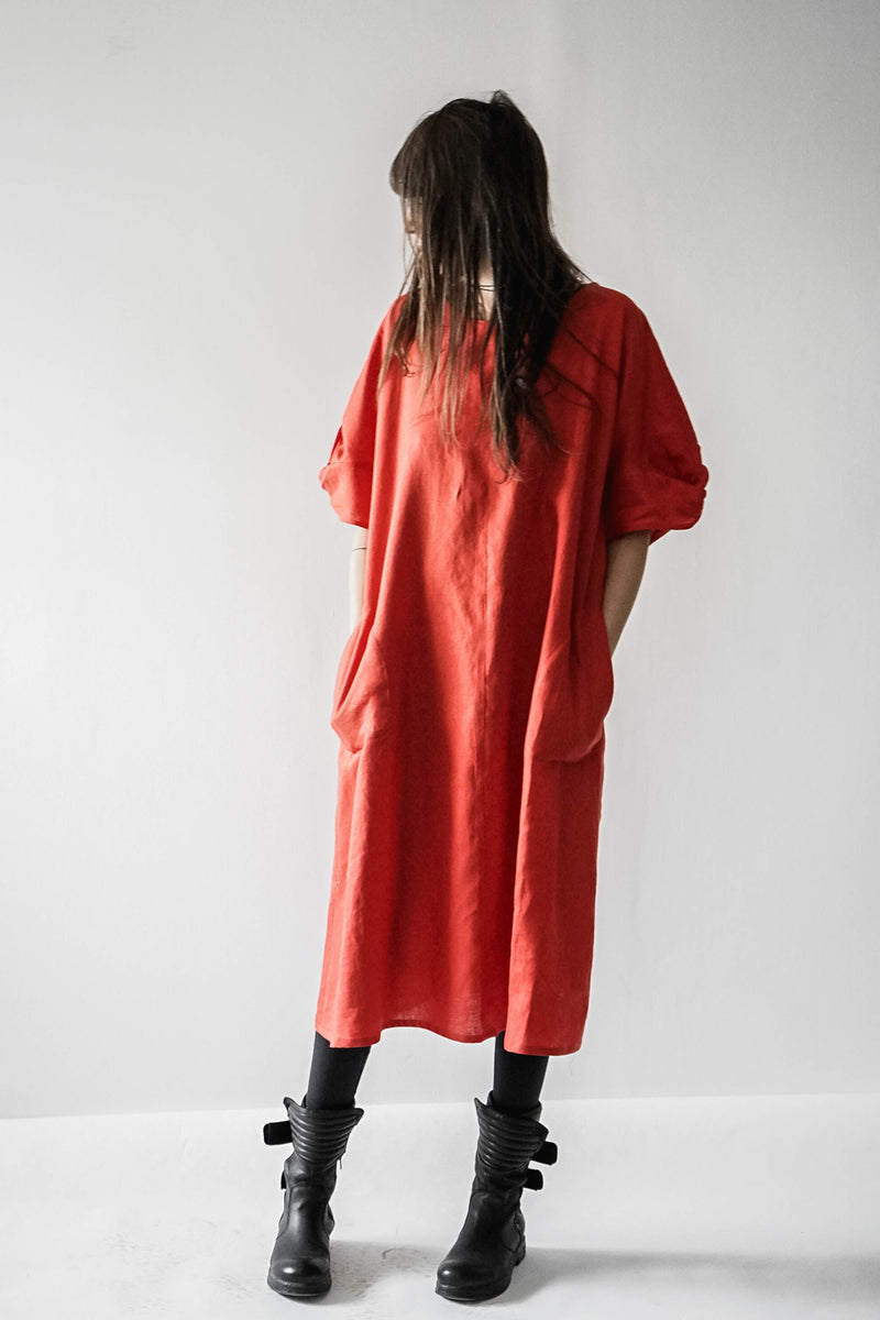 Red linen dress